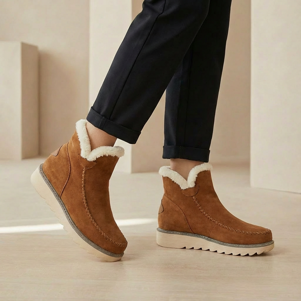 Women's Platform Slip-On Ankle Boots - Cozy Fleece-Lined Winter Mini Boots