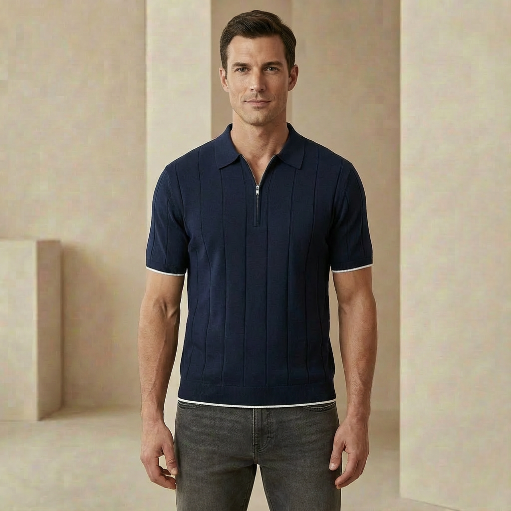 Men's Quarter-Zip Polo Sweater - Slim Fit Ribbed Knit Pullover