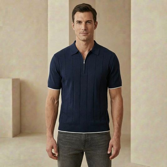 Men's Quarter-Zip Polo Sweater - Slim Fit Ribbed Knit Pullover