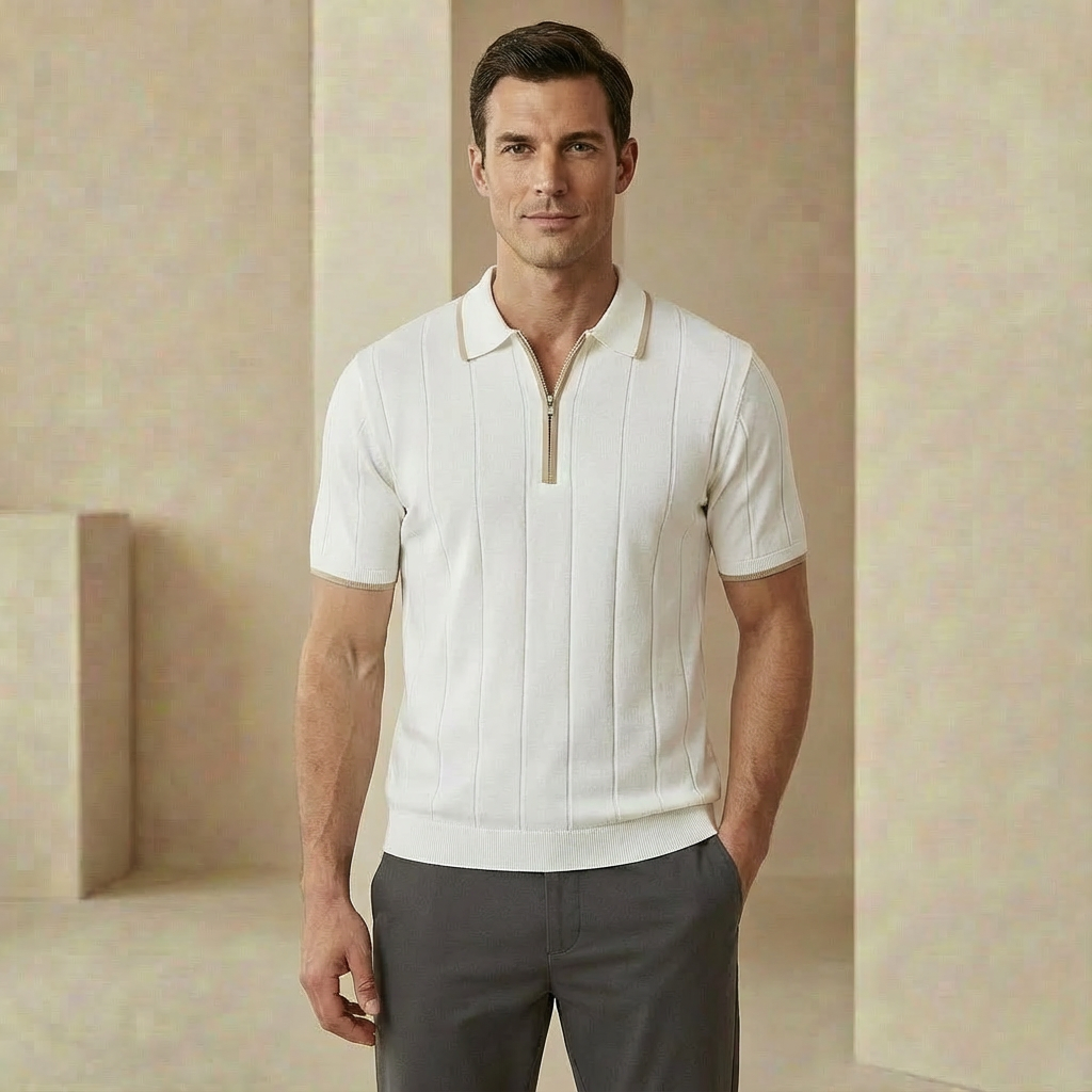 Men's Quarter-Zip Polo Sweater - Slim Fit Ribbed Knit Pullover
