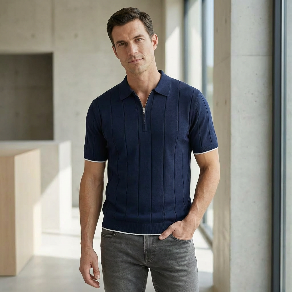Men's Quarter-Zip Polo Sweater - Slim Fit Ribbed Knit Pullover