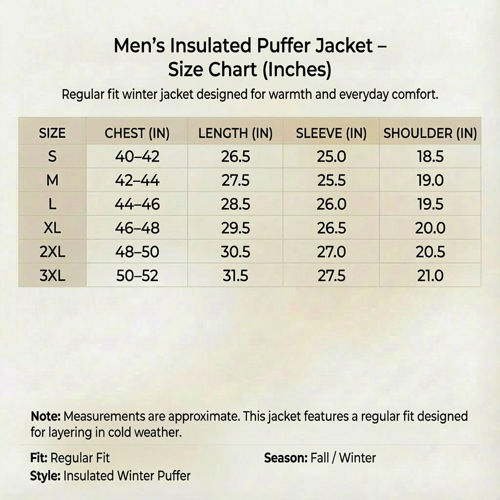 Men's Insulated Puffer Jacket - Water-Resistant Zip-Up Winter Coat