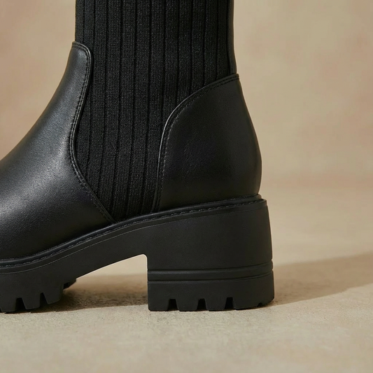 Women's Platform Mixed-Media Boots - Chunky Knit & Faux Leather Grunge Booties