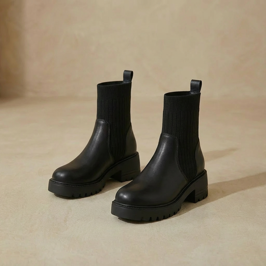 Women's Platform Mixed-Media Boots - Chunky Knit & Faux Leather Grunge Booties