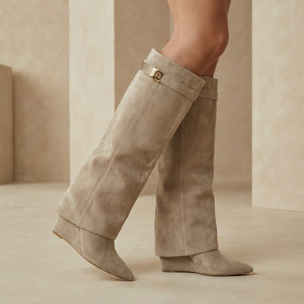 Women's Sculptural Wedge Knee-High Boots - Pointed Toe Flared Faux Suede