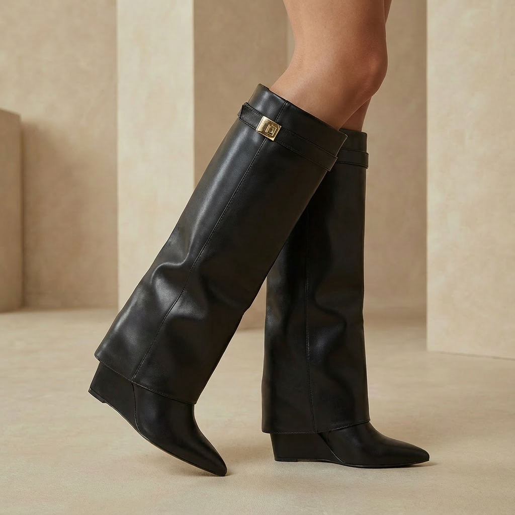 Women's Sculptural Wedge Knee-High Boots - Pointed Toe Flared Faux Suede
