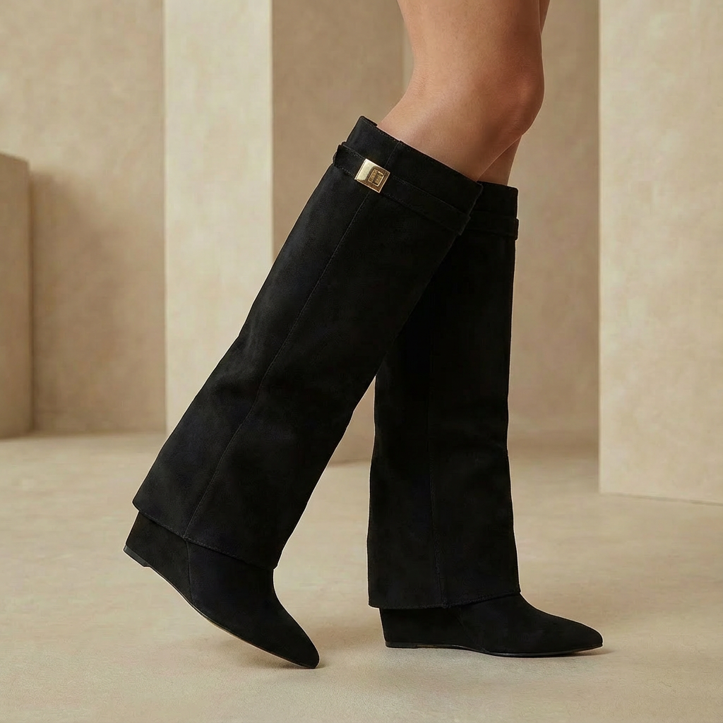 Women's Sculptural Wedge Knee-High Boots - Pointed Toe Flared Faux Suede