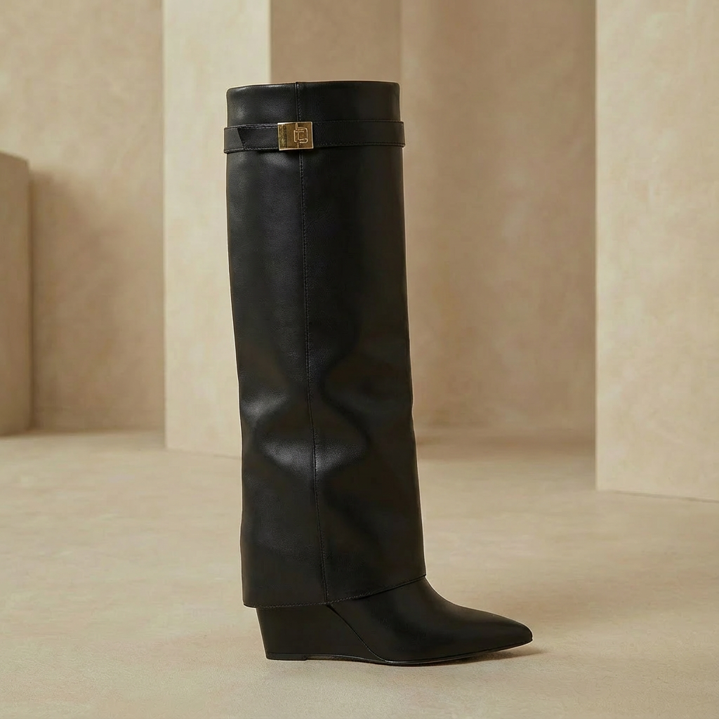 Women's Sculptural Wedge Knee-High Boots - Pointed Toe Flared Faux Suede