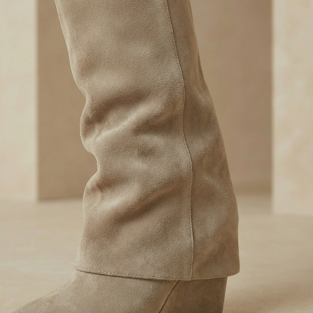Women's Sculptural Wedge Knee-High Boots - Pointed Toe Flared Faux Suede