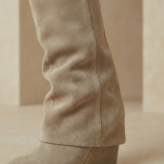 Women's Sculptural Wedge Knee-High Boots - Pointed Toe Flared Faux Suede