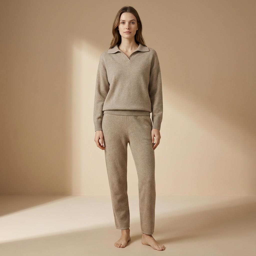 Sienna - Polo Collar Two-Piece Set - Relaxed Long Sleeve Top & Straight Leg Trousers