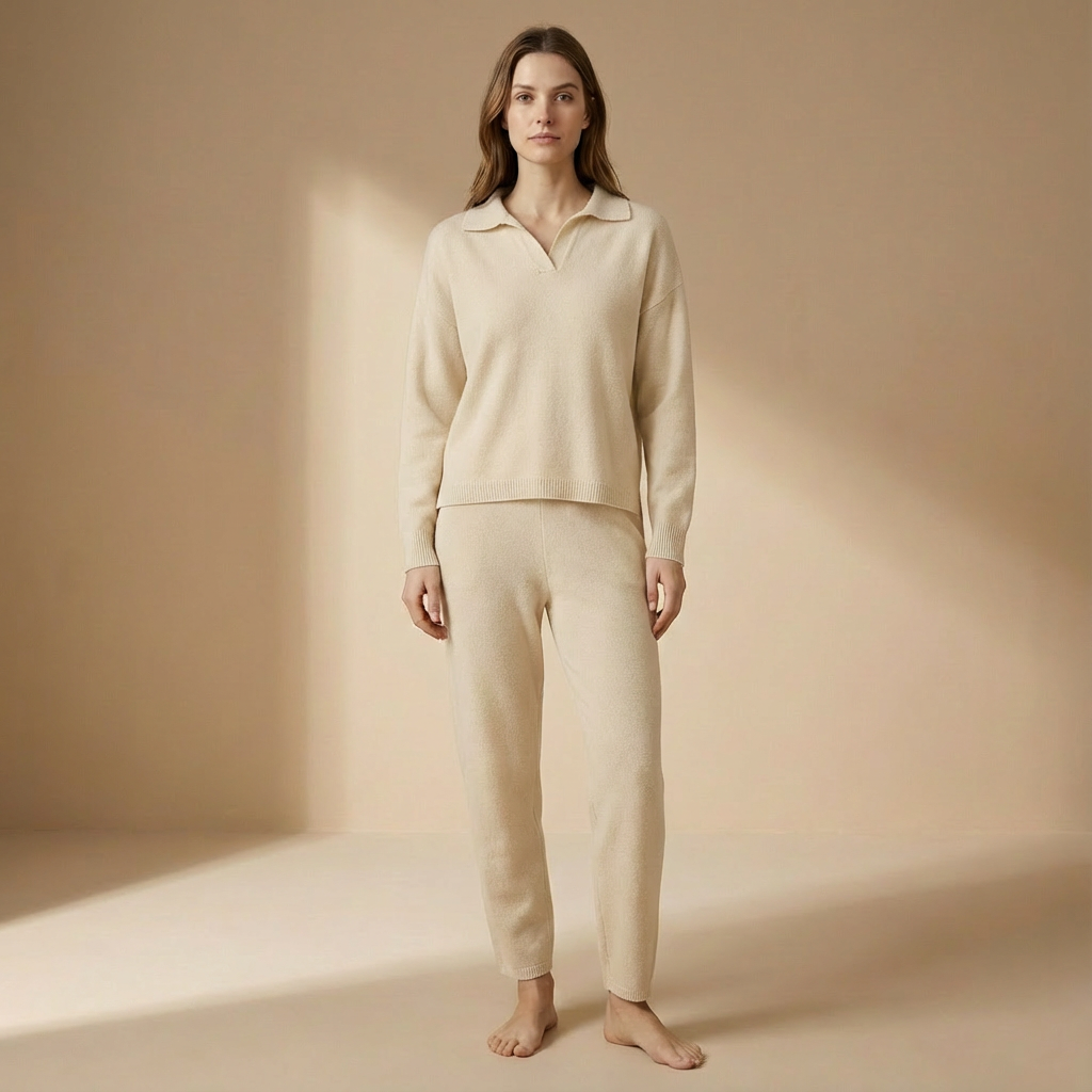Sienna - Polo Collar Two-Piece Set - Relaxed Long Sleeve Top & Straight Leg Trousers