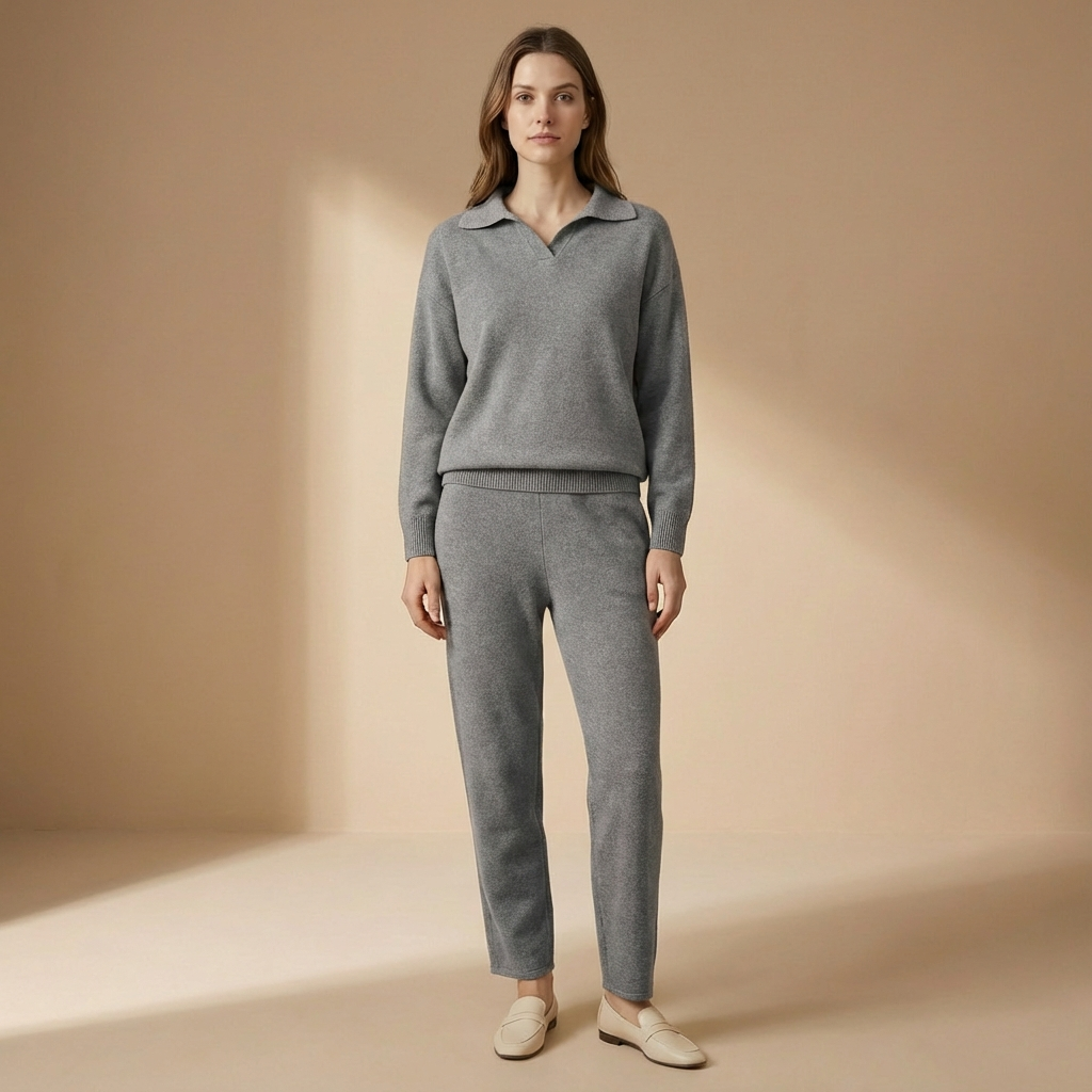 Sienna - Polo Collar Two-Piece Set - Relaxed Long Sleeve Top & Straight Leg Trousers