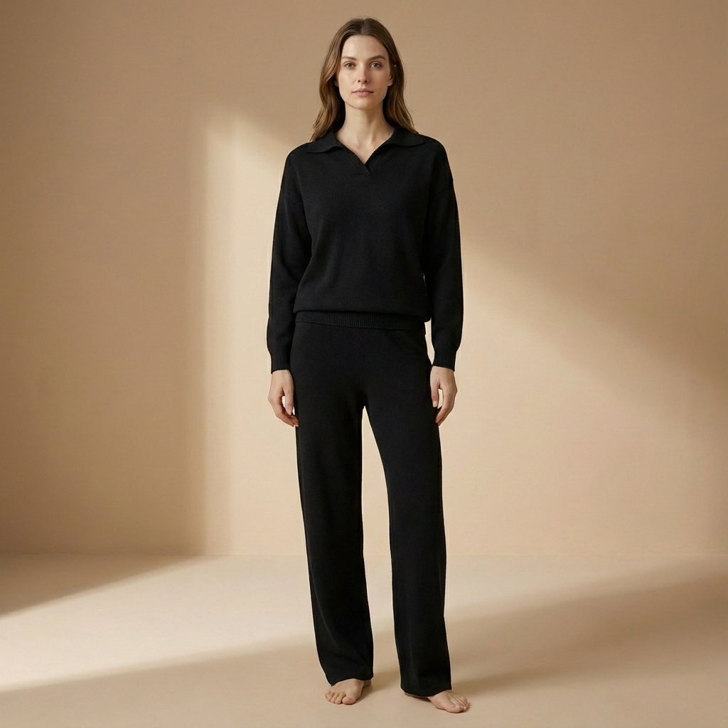 Sienna - Polo Collar Two-Piece Set - Relaxed Long Sleeve Top & Straight Leg Trousers