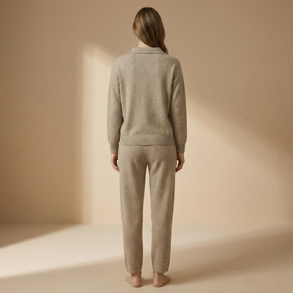 Sienna - Polo Collar Two-Piece Set - Relaxed Long Sleeve Top & Straight Leg Trousers