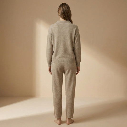 Sienna - Polo Collar Two-Piece Set - Relaxed Long Sleeve Top & Straight Leg Trousers