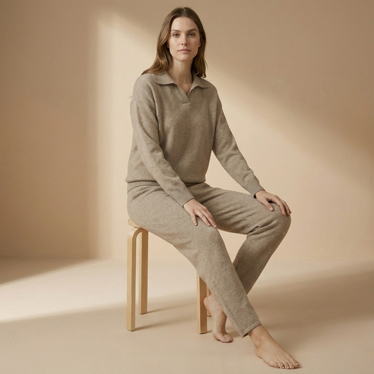 Sienna - Polo Collar Two-Piece Set - Relaxed Long Sleeve Top & Straight Leg Trousers