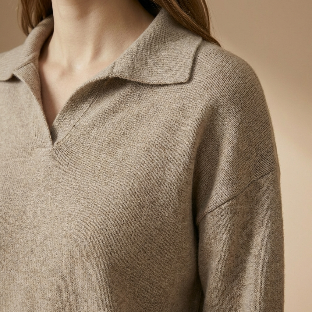 Sienna - Polo Collar Two-Piece Set - Relaxed Long Sleeve Top & Straight Leg Trousers