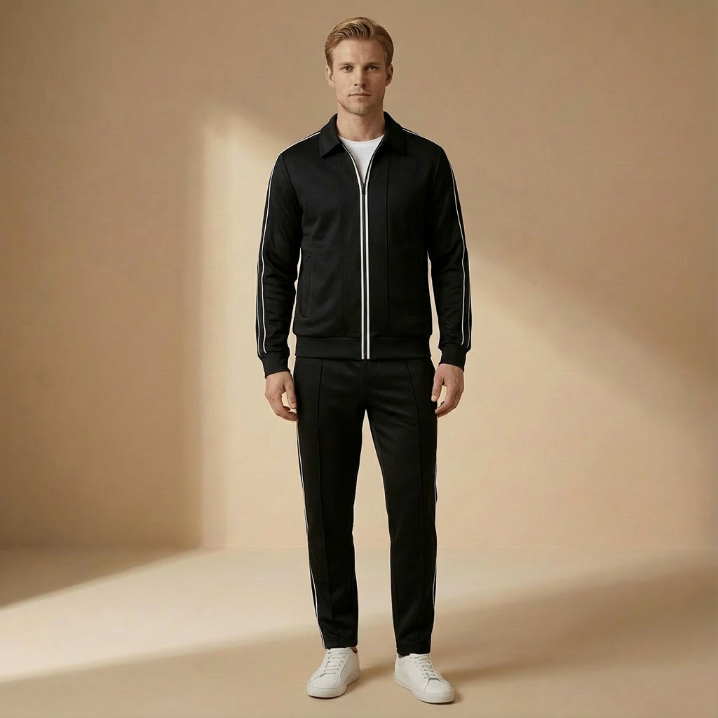Kingston - Men's Zip-Up Tracksuit Set - Linear Detail Jacket & Straight Leg Pants