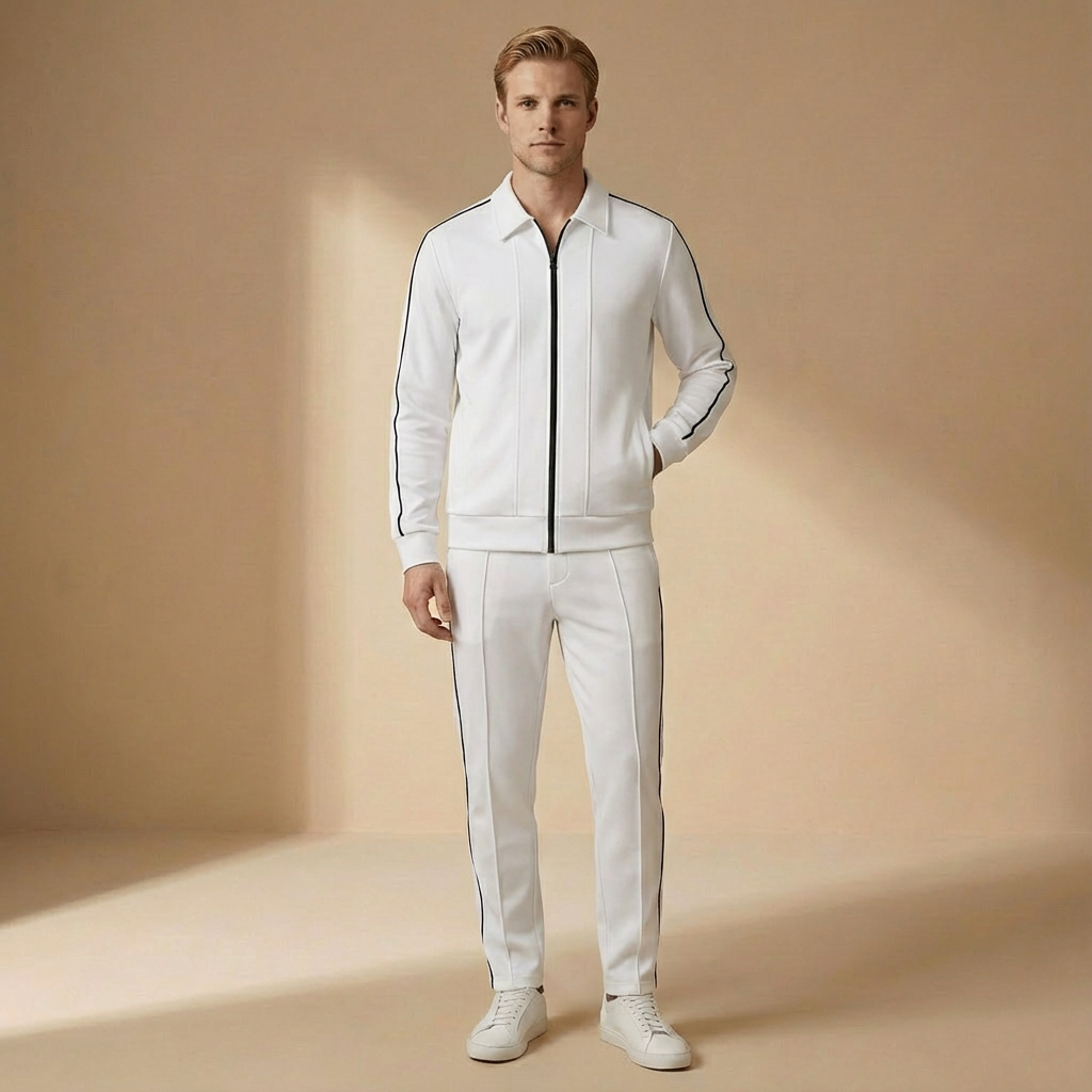 Kingston - Men's Zip-Up Tracksuit Set - Linear Detail Jacket & Straight Leg Pants