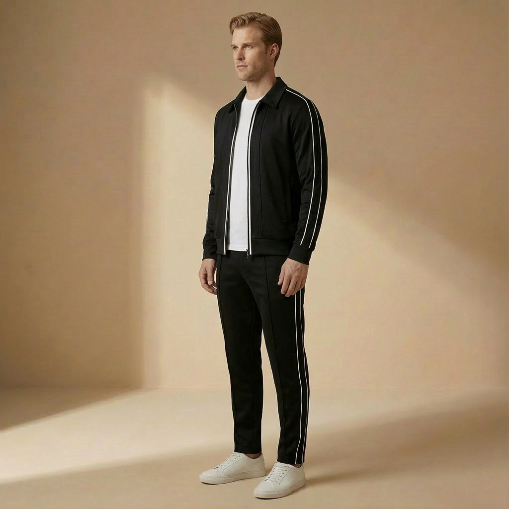 Kingston - Men's Zip-Up Tracksuit Set - Linear Detail Jacket & Straight Leg Pants