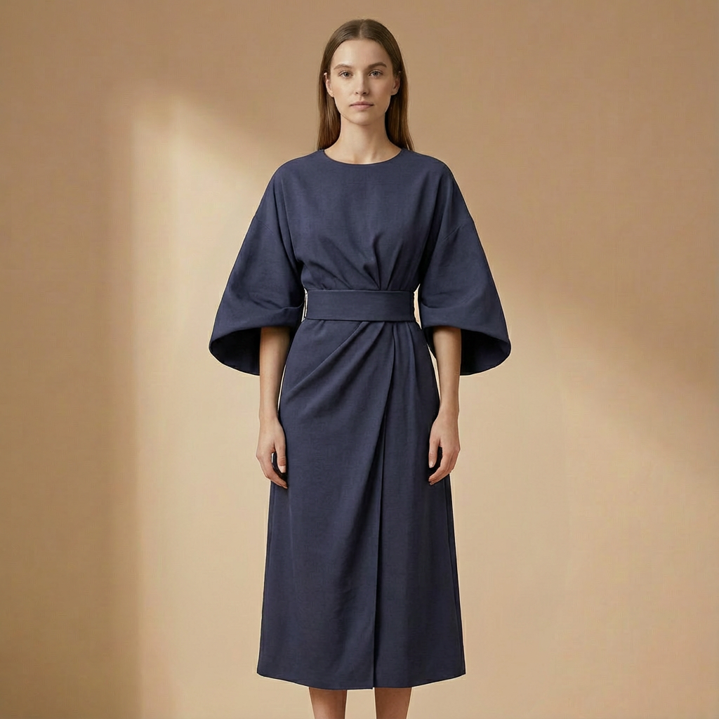 Genevieve - Belted Flare Sleeve Midi Dress - Elegant A-Line Fit-and-Flare Dress