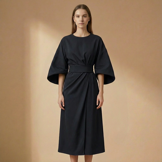Genevieve - Belted Flare Sleeve Midi Dress - Elegant A-Line Fit-and-Flare Dress