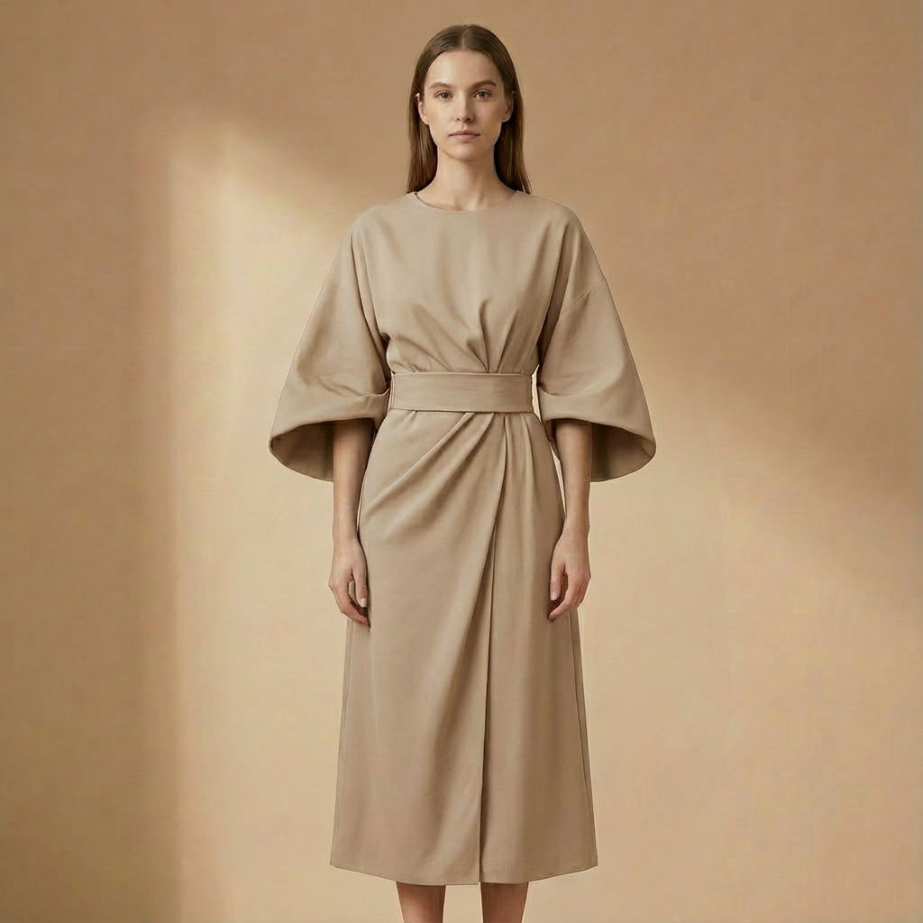 Genevieve - Belted Flare Sleeve Midi Dress - Elegant A-Line Fit-and-Flare Dress