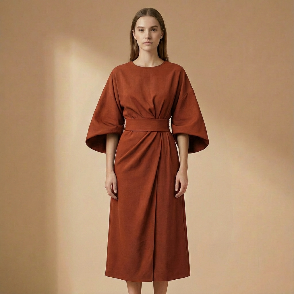 Genevieve - Belted Flare Sleeve Midi Dress - Elegant A-Line Fit-and-Flare Dress