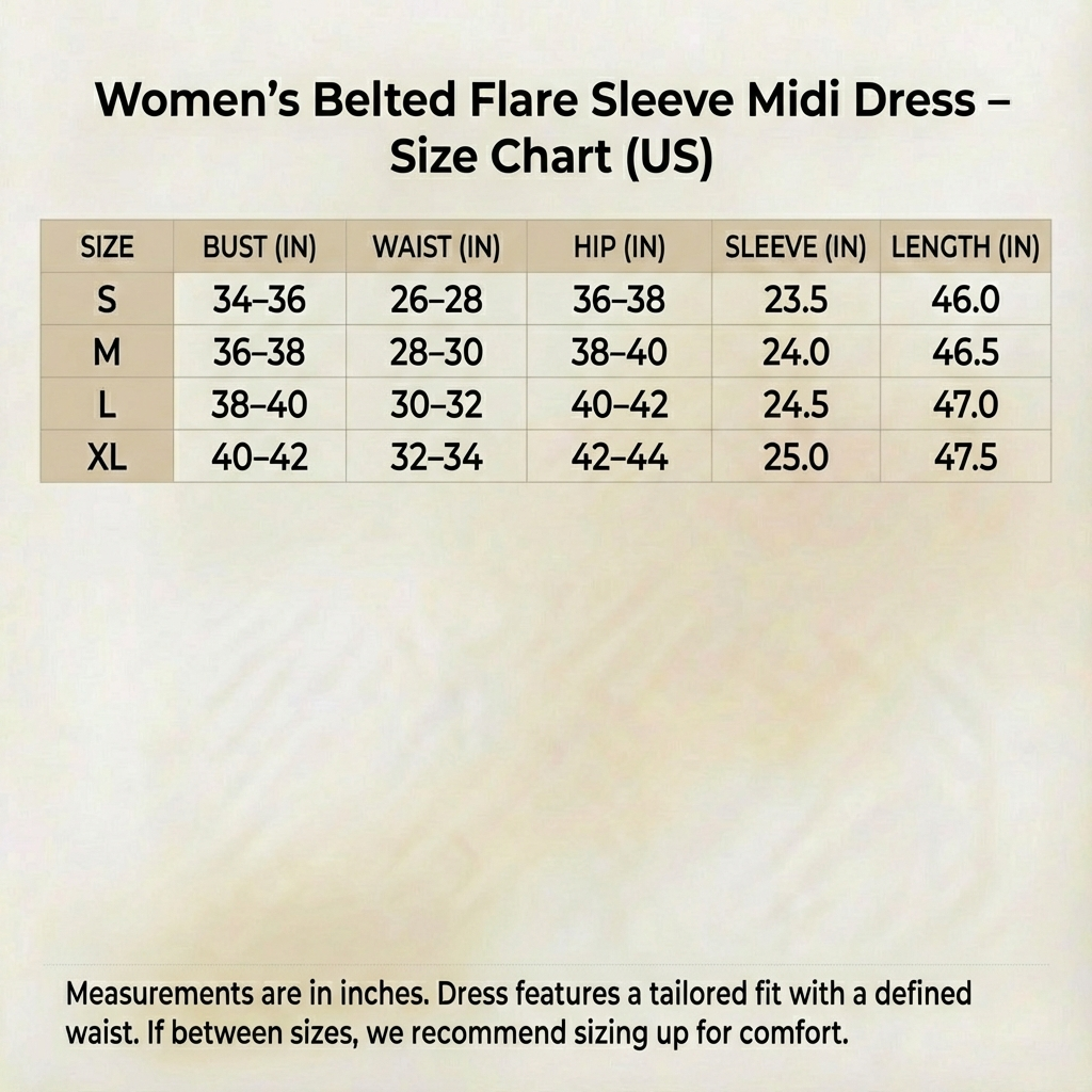Genevieve - Belted Flare Sleeve Midi Dress - Elegant A-Line Fit-and-Flare Dress