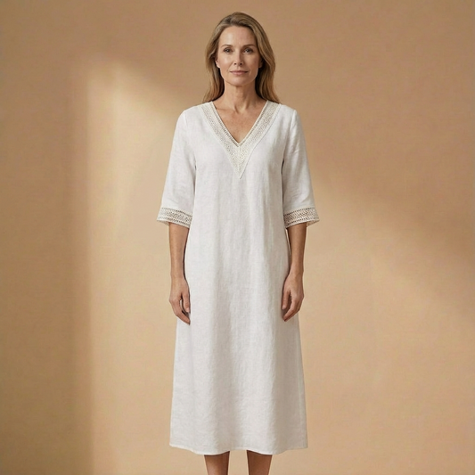 Isla - Linen-Blend V-Neck Dress - Effortless Summer Midi with Lace Detailing