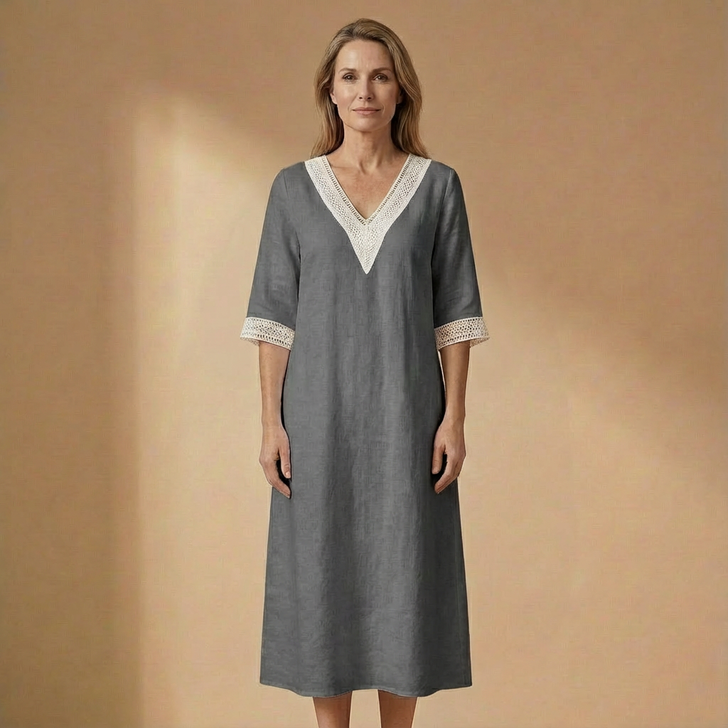 Isla - Linen-Blend V-Neck Dress - Effortless Summer Midi with Lace Detailing