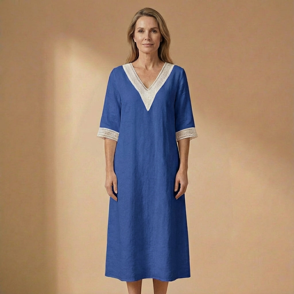 Isla - Linen-Blend V-Neck Dress - Effortless Summer Midi with Lace Detailing