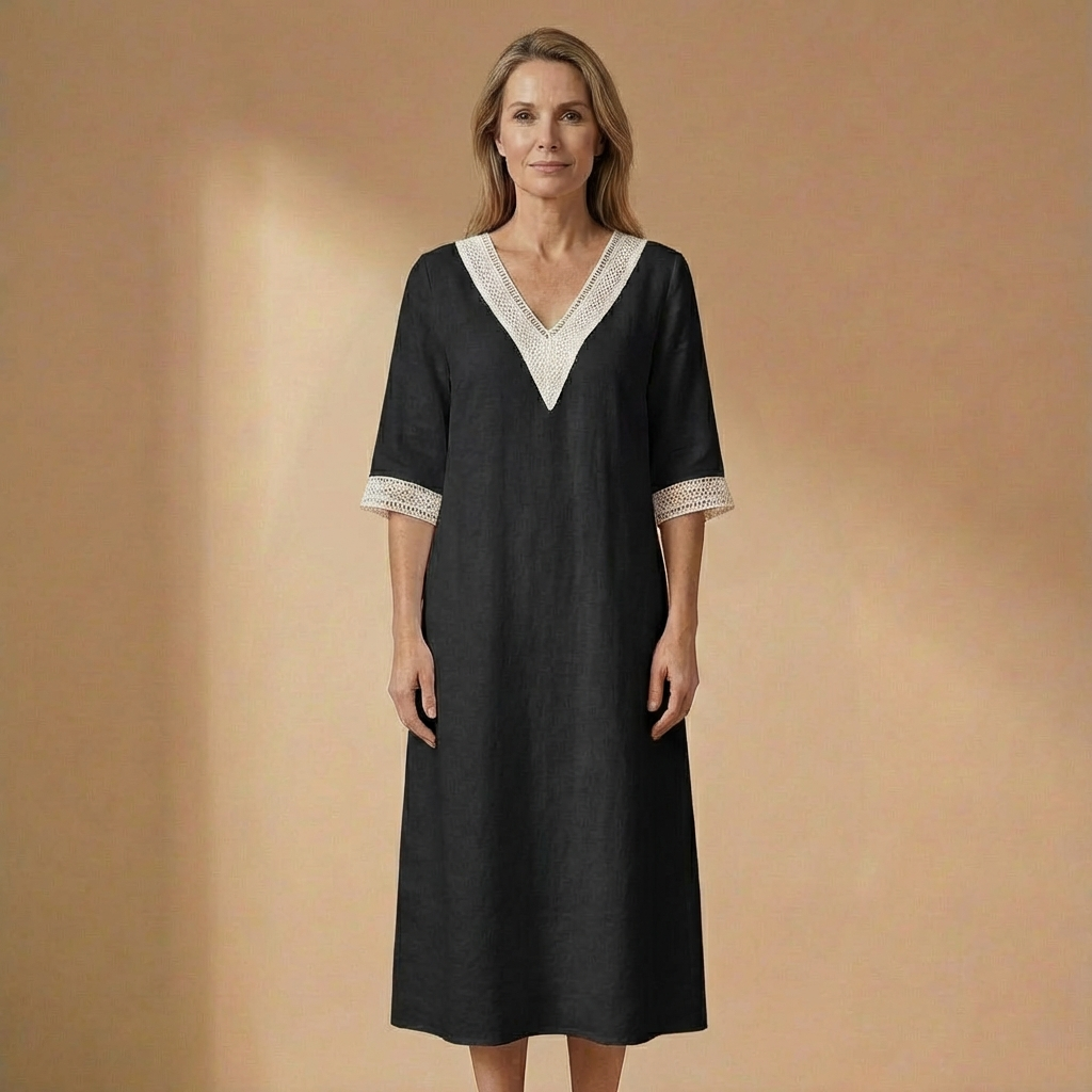 Isla - Linen-Blend V-Neck Dress - Effortless Summer Midi with Lace Detailing