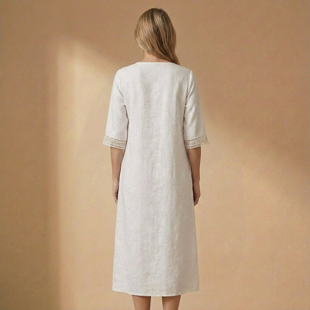 Isla - Linen-Blend V-Neck Dress - Effortless Summer Midi with Lace Detailing