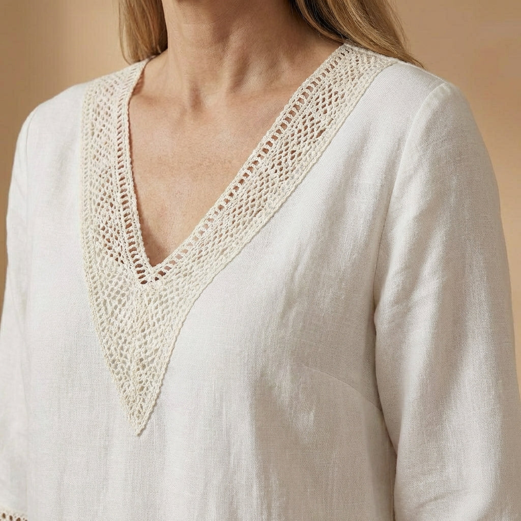 Isla - Linen-Blend V-Neck Dress - Effortless Summer Midi with Lace Detailing