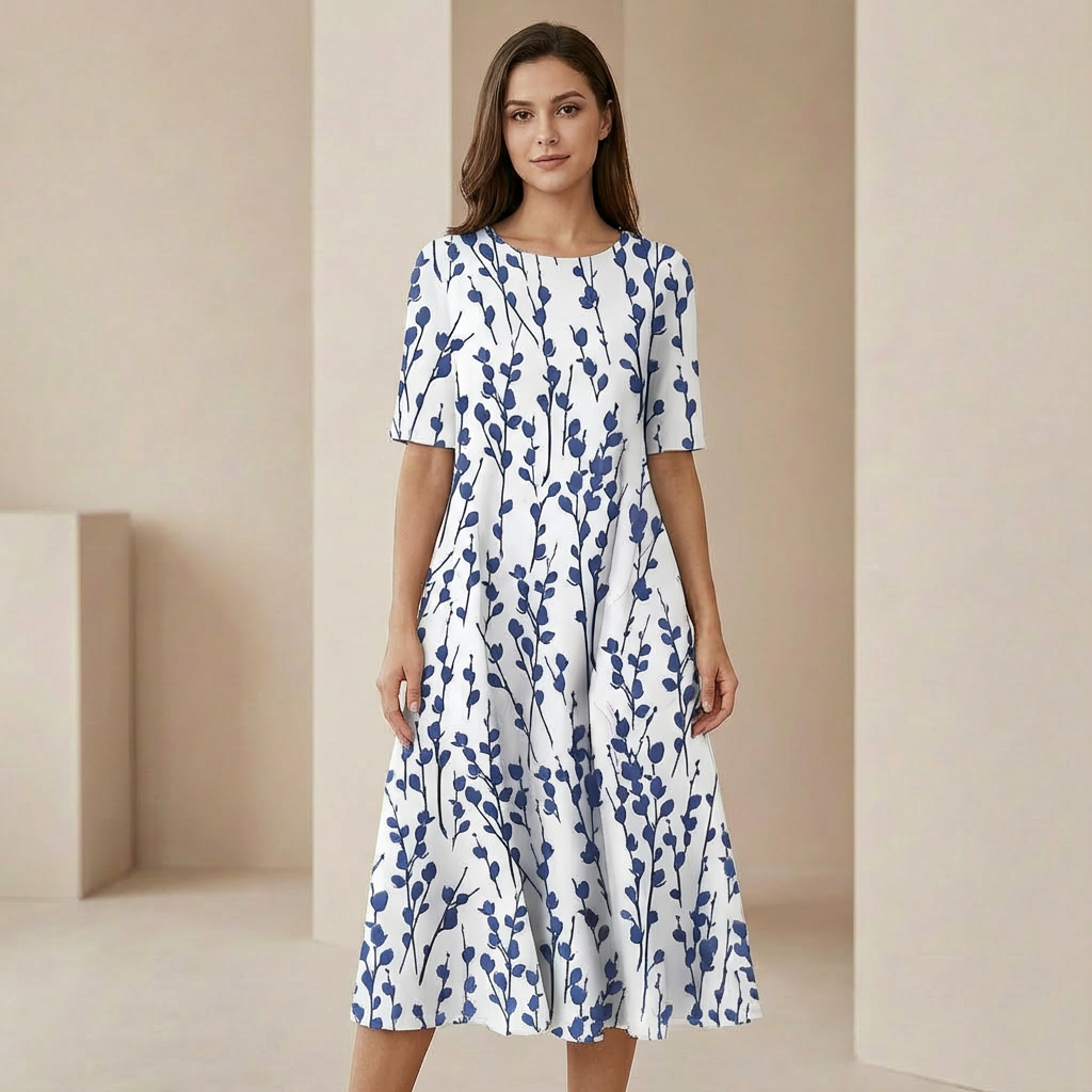 Elara - Floral A-Line Midi Dress - Breezy Botanical Garden Party Dress with Pockets