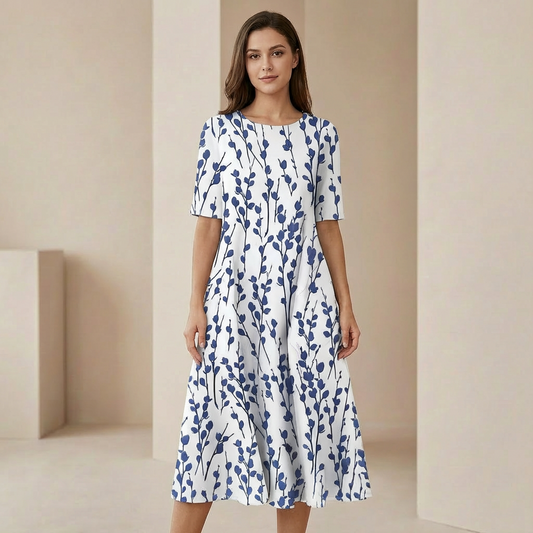 Elara - Floral A-Line Midi Dress - Breezy Botanical Garden Party Dress with Pockets