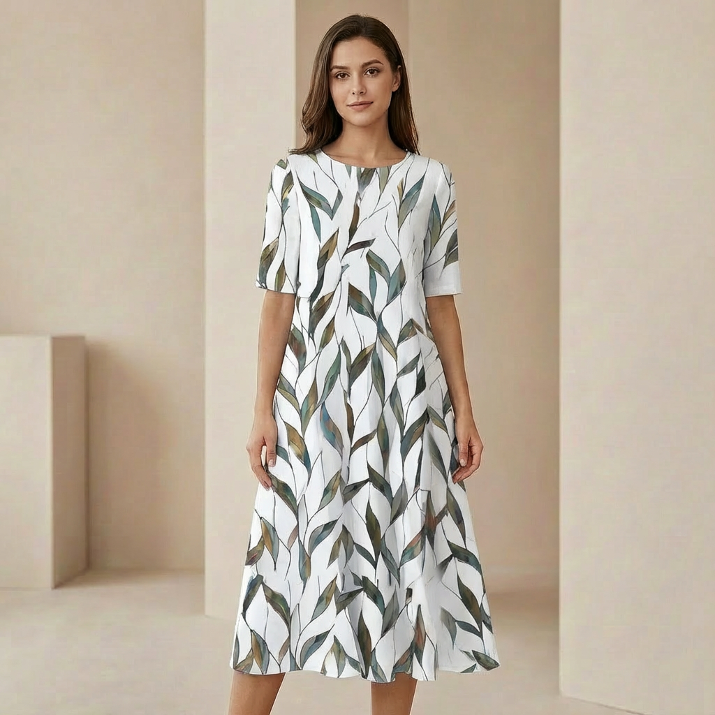 Elara - Floral A-Line Midi Dress - Breezy Botanical Garden Party Dress with Pockets