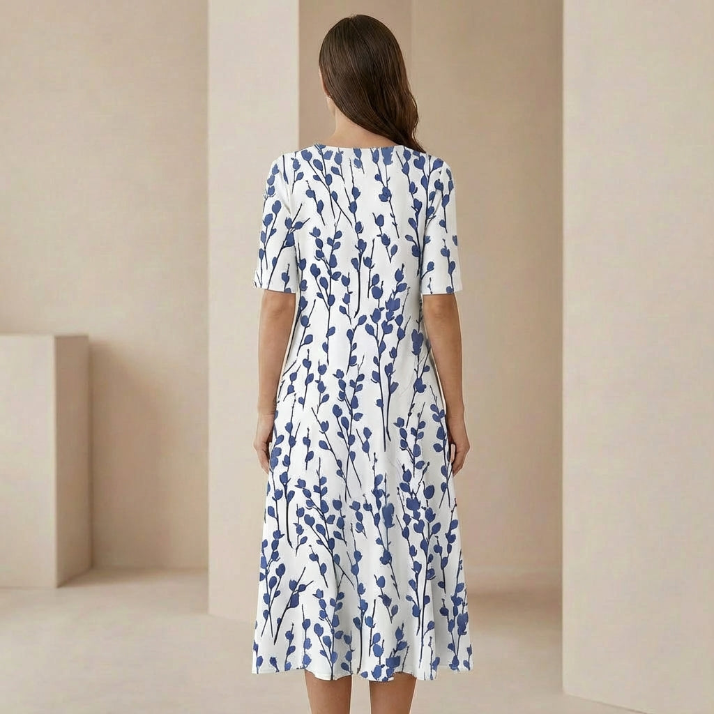 Elara - Floral A-Line Midi Dress - Breezy Botanical Garden Party Dress with Pockets