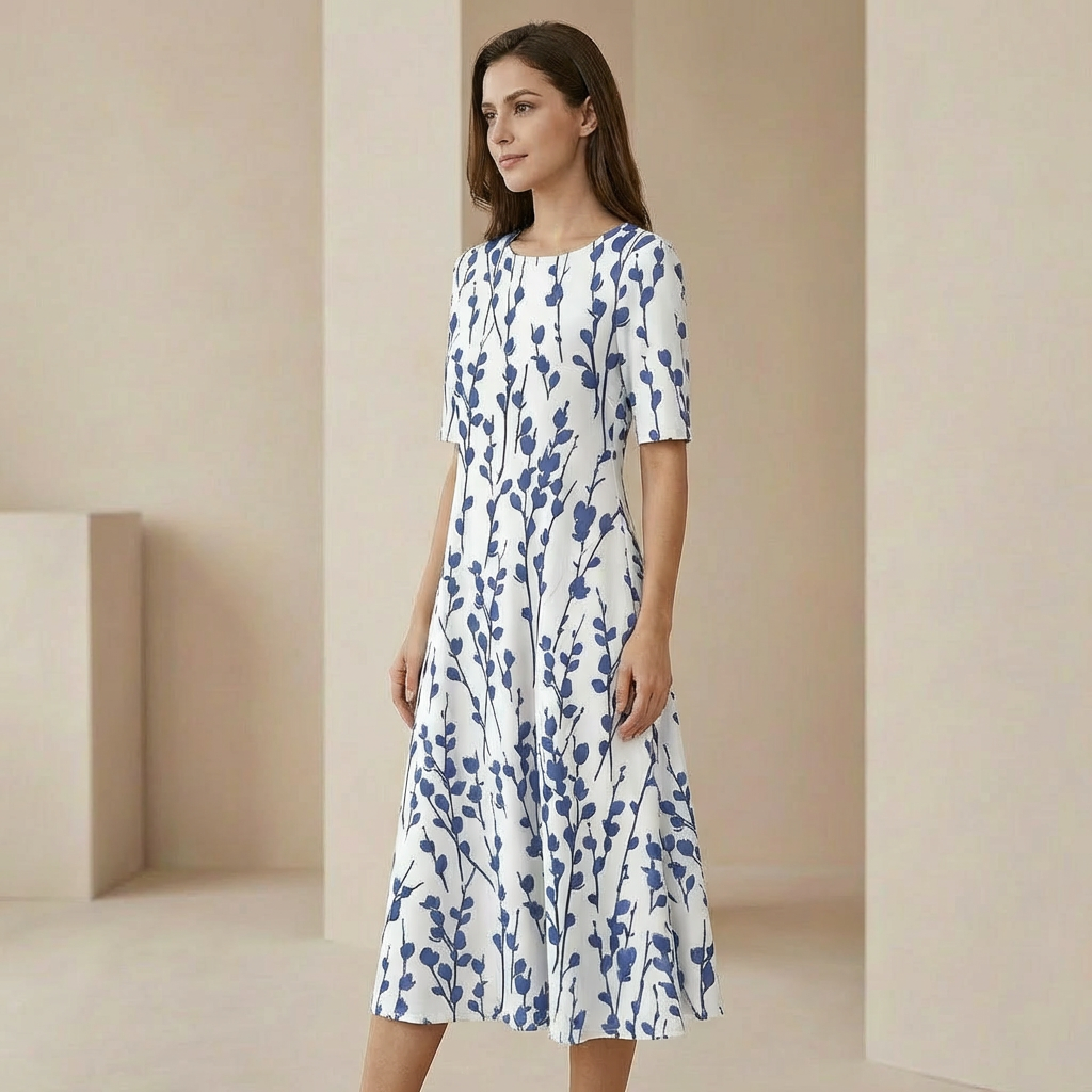 Elara - Floral A-Line Midi Dress - Breezy Botanical Garden Party Dress with Pockets