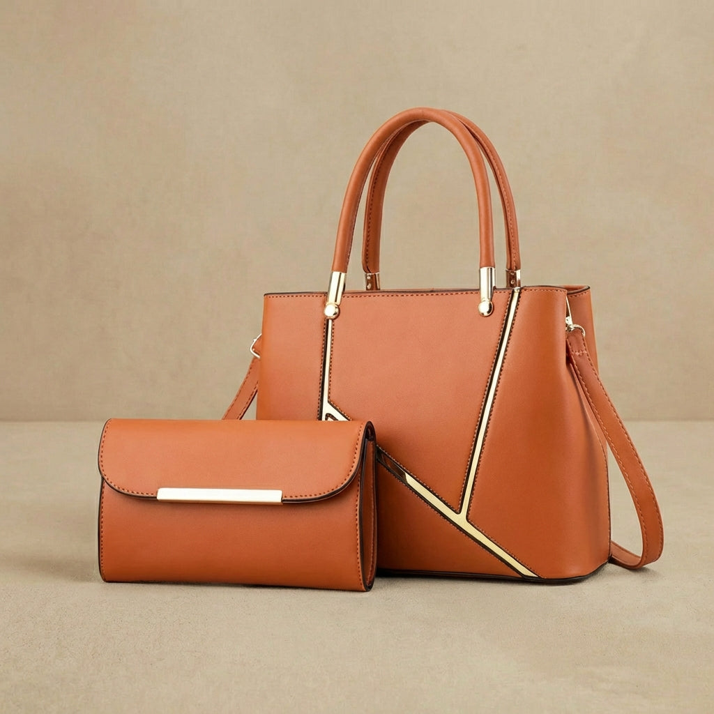 Valentina - 2-Piece Geometric Handbag & Clutch Set - Luxury Top-Handle Tote & Crossbody