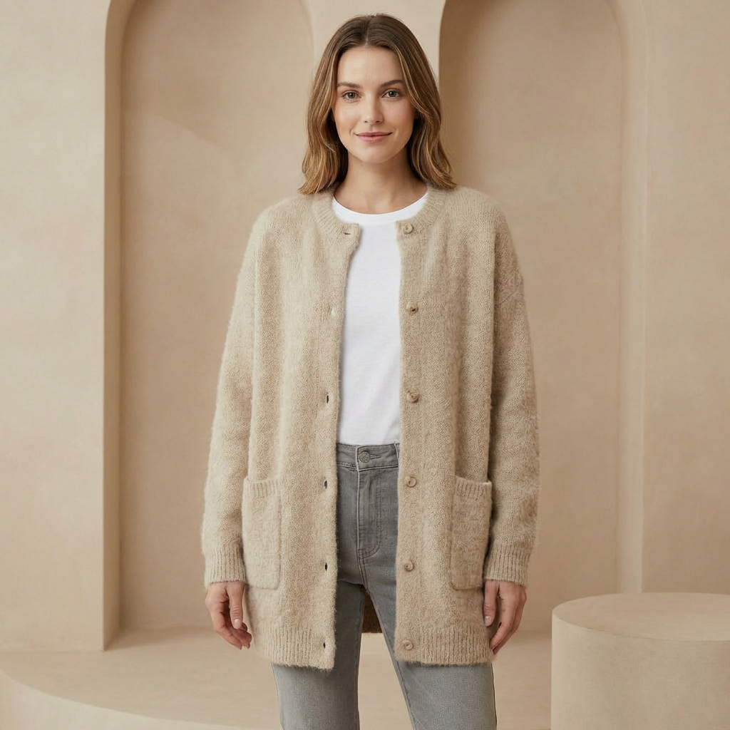 Vienna - Women's Wool Cardigan with Suede Accents - Soft Relaxed Fit Sweater with Pockets
