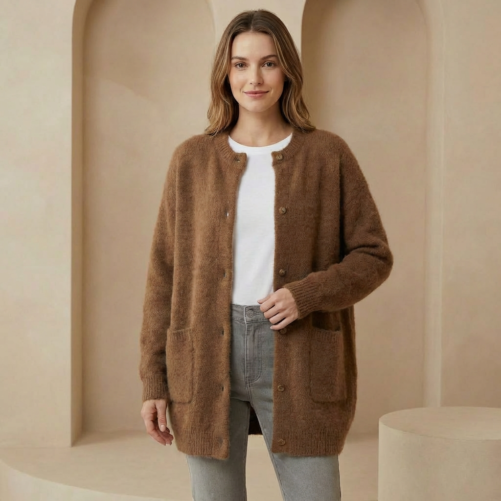 Vienna - Women's Wool Cardigan with Suede Accents - Soft Relaxed Fit Sweater with Pockets