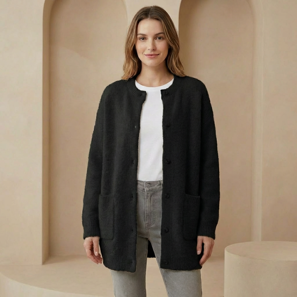 Vienna - Women's Wool Cardigan with Suede Accents - Soft Relaxed Fit Sweater with Pockets