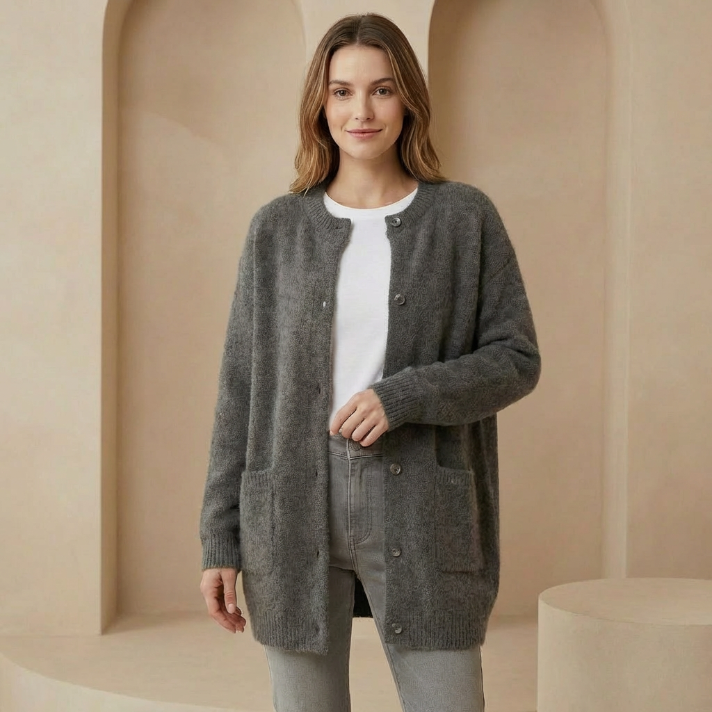 Vienna - Women's Wool Cardigan with Suede Accents - Soft Relaxed Fit Sweater with Pockets