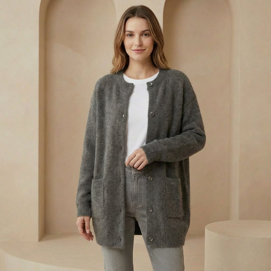 Vienna - Women's Wool Cardigan with Suede Accents - Soft Relaxed Fit Sweater with Pockets