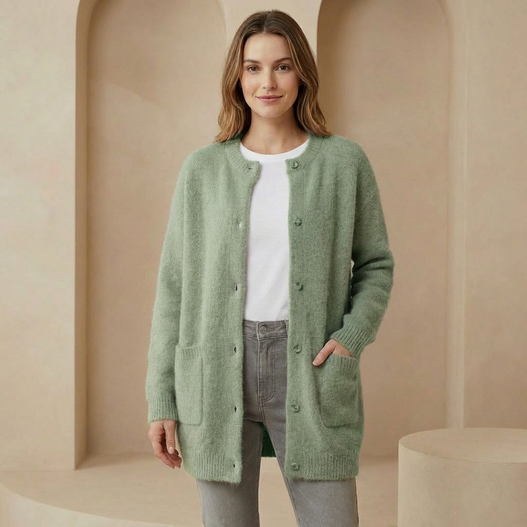 Vienna - Women's Wool Cardigan with Suede Accents - Soft Relaxed Fit Sweater with Pockets