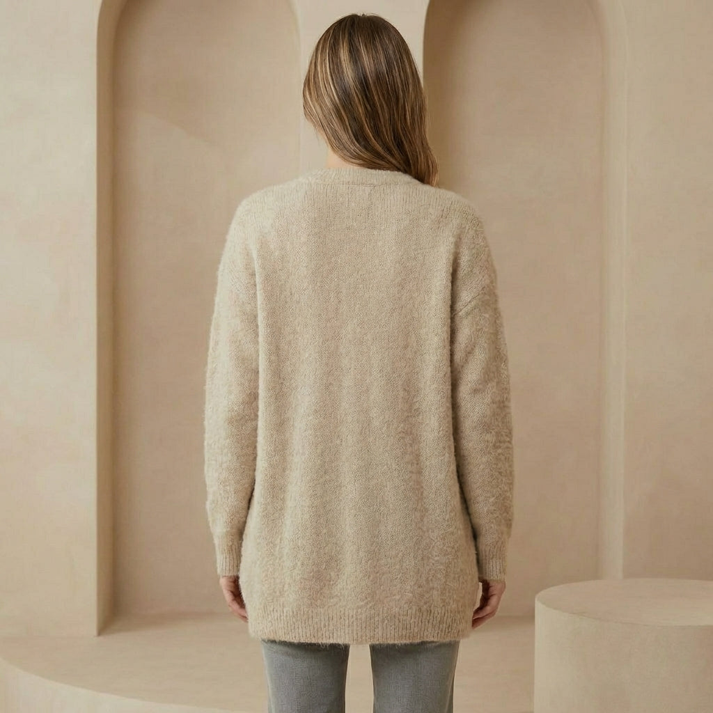 Vienna - Women's Wool Cardigan with Suede Accents - Soft Relaxed Fit Sweater with Pockets