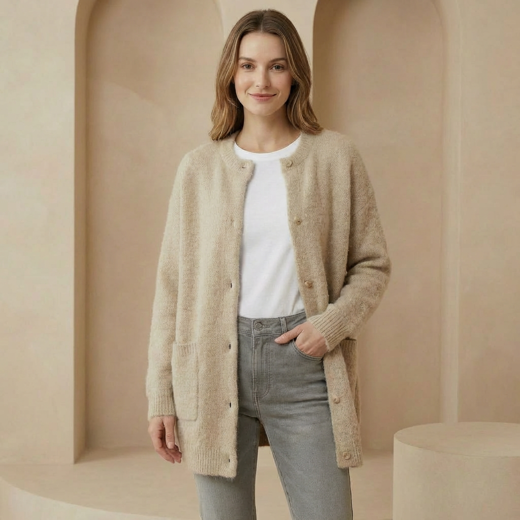 Vienna - Women's Wool Cardigan with Suede Accents - Soft Relaxed Fit Sweater with Pockets
